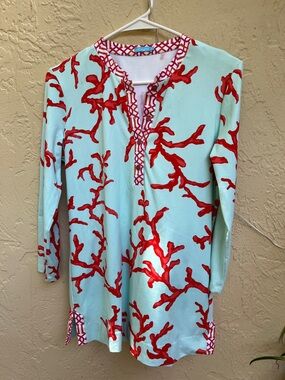 J. McLaughlin Aqua, Coral-Print Tunic S